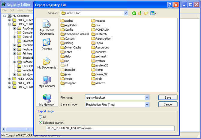 Export registry entries to a file
