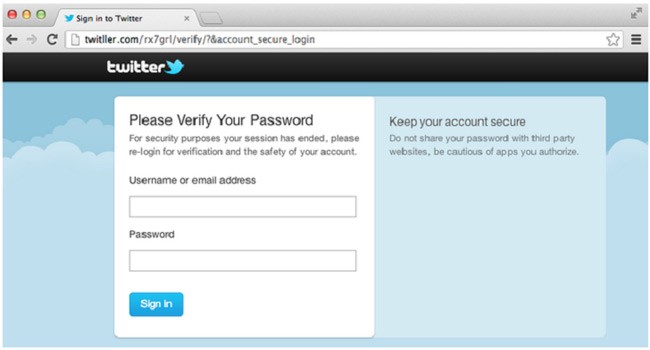 Twitter Phishing site scam steal logins